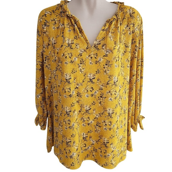 Melloday 2X Plus Yellow Floral Ruffle V-Neck 3/4 Sleeve Blouse Womens Top - Picture 1 of 11